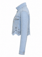 Load image into Gallery viewer, light wash eyelet denim jacket - product-side
