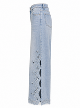 Load image into Gallery viewer, light wash eyelet floral cutout wide leg jeans - product-side
