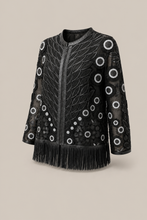 Load image into Gallery viewer, black-fringe-embroidered-jacket — stone gray product three-quarter front image
