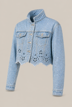 Load image into Gallery viewer, light-wash-eyelet-denim-jacket — stone gray product three-quarter front image
