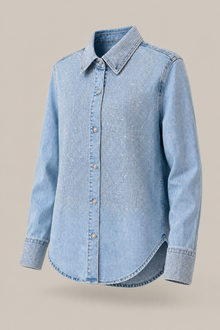 Load image into Gallery viewer, light-wash-denim-button-down-shirt — stone gray product three-quarter front image
