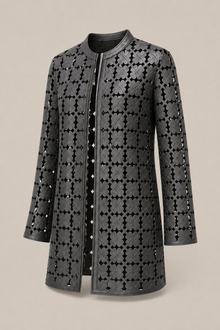 Load image into Gallery viewer, black-grey-cutout-jacket — stone gray product three-quarter front image
