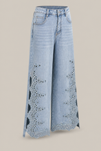 Load image into Gallery viewer, light-wash-eyelet-floral-cutout-wide-leg-jeans — stone gray product three-quarter front image
