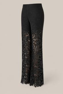 Load image into Gallery viewer, black-embellished-lace-applique-pants — stone gray product three-quarter front image

