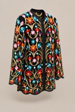 Load image into Gallery viewer, black-multicolor-floral-embroidered-jacket — stone gray product three-quarter front image
