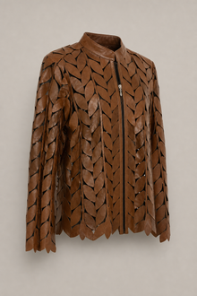 Load image into Gallery viewer, brown-laser-cut-jacket — stone gray product three-quarter front image
