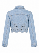 Load image into Gallery viewer, light wash eyelet denim jacket - product-back
