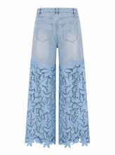 Load image into Gallery viewer, light blue denim lace overlay wide leg pants - product-back
