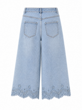 Load image into Gallery viewer, light blue wide leg denim pants scalloped lace hem - product-back
