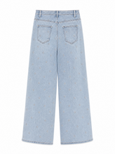 Load image into Gallery viewer, light wash eyelet floral cutout wide leg jeans - product-back
