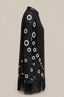 Load image into Gallery viewer, black-fringe-embroidered-jacket — stone gray product side image
