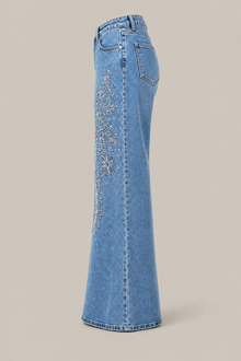 Load image into Gallery viewer, Floral Appliqué Wide-Leg Denim Pants — stone gray product side image
