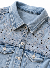 Load image into Gallery viewer, embellished light wash denim jacket pair 02 - detail
