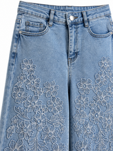 Load image into Gallery viewer, light blue embroidered denim skirt - detail
