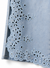 Load image into Gallery viewer, light wash eyelet floral cutout wide leg jeans - detail
