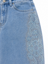 Load image into Gallery viewer, light blue wide leg embroidered denim pants - detail
