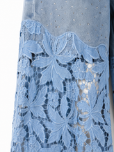 Load image into Gallery viewer, light blue denim lace overlay wide leg pants - detail
