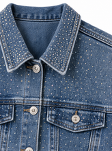 Load image into Gallery viewer, light wash eyelet denim jacket detail product - detail
