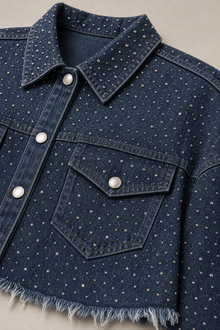 Load image into Gallery viewer, dark-indigo-studded-denim-jacket — slot 05 restored product detail close-up v5 restored final
