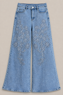Load image into Gallery viewer, Floral Appliqué Wide-Leg Denim Pants — stone gray product detail image
