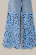 Load image into Gallery viewer, light-blue-denim-lace-overlay-wide-leg-pants — stone gray product detail image
