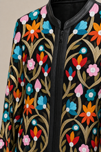 Load image into Gallery viewer, black-multicolor-floral-embroidered-jacket — stone gray product detail image
