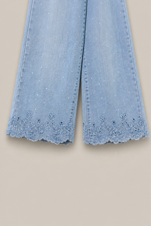 Load image into Gallery viewer, light-blue-wide-leg-denim-pants-scalloped-lace-hem — stone gray product detail image
