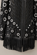 Load image into Gallery viewer, black-fringe-embroidered-jacket — stone gray product detail image
