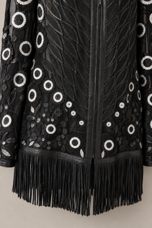 Load image into Gallery viewer, black-fringe-embroidered-jacket — stone gray product detail image
