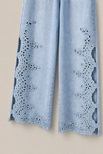 Load image into Gallery viewer, light-wash-eyelet-floral-cutout-wide-leg-jeans — stone gray product detail image
