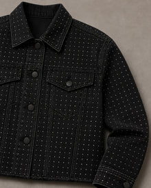 Load image into Gallery viewer, Longer black rhinestone trucker jacket collar and chest pocket detail
