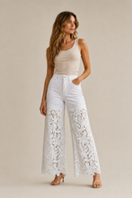 Load image into Gallery viewer, white-lace-applique-wide-leg-jeans — stone gray editorial model front image
