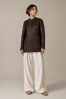 Load image into Gallery viewer, brown-laser-cut-jacket-02 — stone gray editorial model front image
