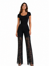 Load image into Gallery viewer, black embellished lace applique pants - editorial-model-front
