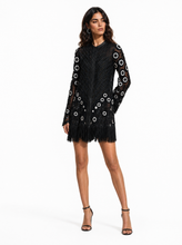 Load image into Gallery viewer, black fringe embroidered jacket - editorial-model-front
