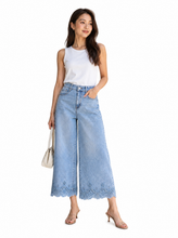 Load image into Gallery viewer, light blue wide leg denim pants scalloped lace hem - editorial-model-front
