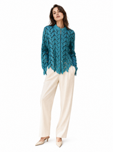 Load image into Gallery viewer, light blue laser cut jacket - editorial-model-front
