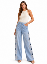 Load image into Gallery viewer, light wash distressed ripped wide leg jeans - editorial-model-front
