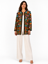 Load image into Gallery viewer, black multicolor floral embroidered jacket - editorial-model-front
