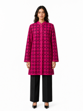 Load image into Gallery viewer, dark red laser cut jacket - editorial-model-front
