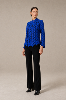 Load image into Gallery viewer, blue-laser-cut-jacket — stone gray editorial model three-quarter image
