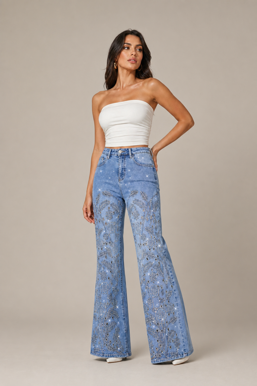 Classic Light-Wash Denim Pants — stone gray editorial model three-quarter image