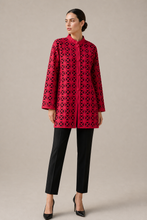 Load image into Gallery viewer, red-geometric-cutout-tunic-jacket — stone gray editorial model three-quarter image
