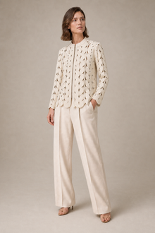 Load image into Gallery viewer, cream-laser-cut-jacket-01 — stone gray editorial model three-quarter image
