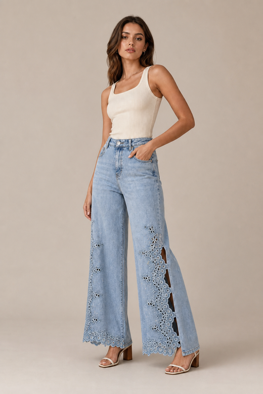 light-wash-eyelet-floral-cutout-wide-leg-jeans — stone gray editorial model three-quarter image