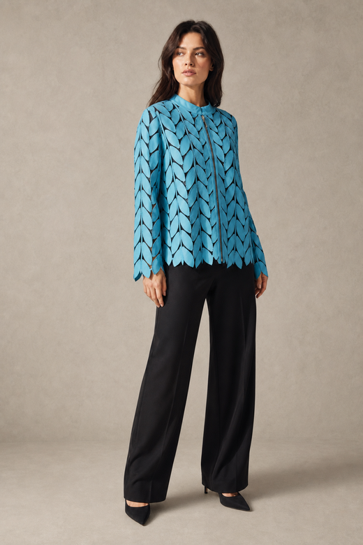 light-blue-laser-cut-jacket — stone gray editorial model three-quarter image