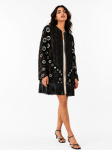Load image into Gallery viewer, black fringe embroidered jacket - editorial-model-three-quarter
