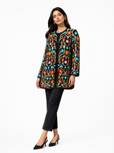 Load image into Gallery viewer, black multicolor floral embroidered jacket - editorial-model-three-quarter
