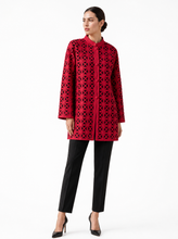 Load image into Gallery viewer, red geometric cutout tunic jacket - editorial-model-three-quarter
