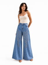 Load image into Gallery viewer, light blue embroidered denim skirt - editorial-model-three-quarter

